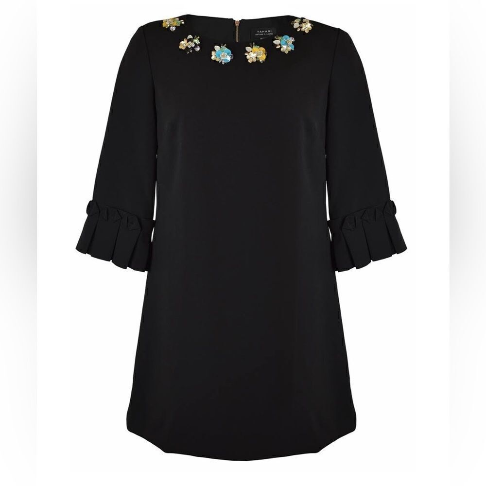 Tahari Arthur S. Levine Petite Black Jeweled Collar Ruffle Sleeve Dress Size 14P